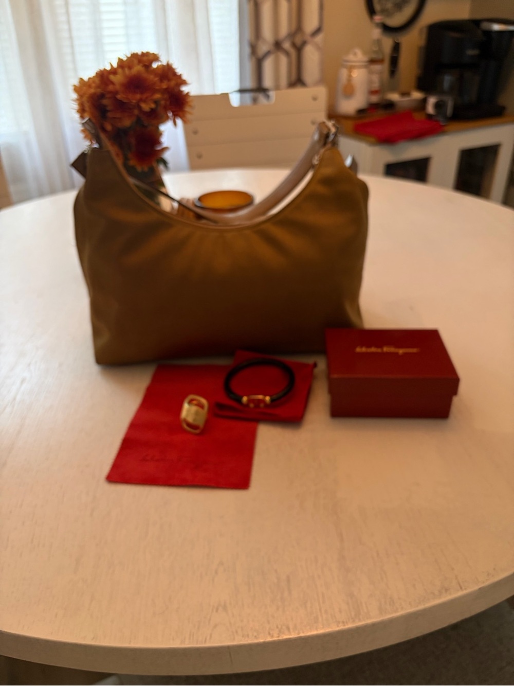 Salvatore Ferragamo Olive Shoulder Hobo with Chrome Trim